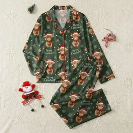 Highland Cow Lovers' Whimsical Watercolor Highland Cows in Santa Hats & Plaid Scarves on Olive Green with Snowflakes Satin Pajamas Set