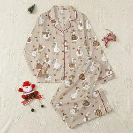 Whimsical Duck Admirers' Beige Pattern with Cartoon Ducks in Brown Beanies & Scarves, Orange Leaves, Coffee Beans Satin Pajamas Set