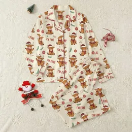 Holiday Humor Enthusiasts' Whimsical Highland Cow Christmas Lights, Red Plaid Santa Hats, Sarcastic 'I'm Fine' on Cream Satin Pajamas Set