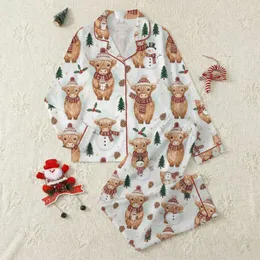 Cozy Holiday Enthusiasts' Whimsical Highland Cow Pattern: Cream, Brown, Red, Green, Gold Watercolor Festive Winter Art Satin Pajamas Set