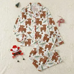 Highland Cow Lovers' Festive Farmhouse Calves Tartan Scarf Pine Holly String Light Pattern Satin Pajamas Set