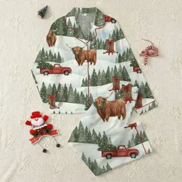 Rural Holiday Fans' Textured Muted Green Winter Forest Highland Cow Red Truck Snowy Boots All-Over Scene Satin Pajamas Set