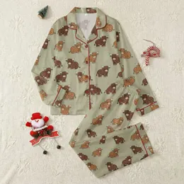 Animal Lovers' Cute Cartoon Highland Cow Dark Brown Khaki Rustic Illustrative Pattern Satin Pajamas Set