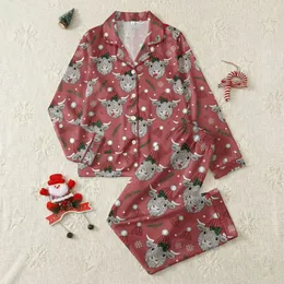 Highland Cow Enthusiasts' Whimsical Cranberry Red Christmas Pattern with Festive Hats and Plaid Bows Satin Pajamas Set