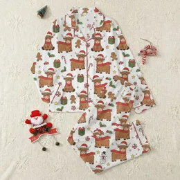Cozy Winter Lovers' Fluffy Highland Cows, Red Santa Hats, Festive Candy Canes, Gingerbread, Snowman Cartoon Pattern Satin Pajamas Set