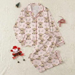Baby Girls' Whimsical Pastel Pink Hand-Drawn Baby Highland Cow Daisy Clover Pattern Satin Pajamas Set