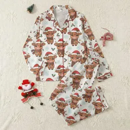 Festive Makers' Whimsical Fluffy Highland Cow Christmas Pattern with Santa Hats, Red Plaid & Colorful String Lights Satin Pajamas Set