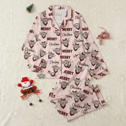 Festive Family Pink Highland Cow Red Black Buffalo Plaid 'Merry' & 'Christmas' Script Pattern Satin Pajamas Set
