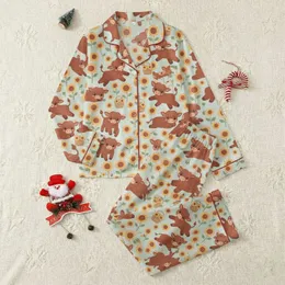 Farm Animal Lovers' Whimsical Fluffy Brown Baby Highland Cow Yellow Orange Sunflower Basket Flat Art Satin Pajamas Set