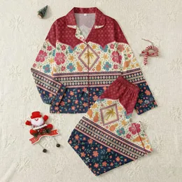 Women's Vintage Bohemian Illustrative Crimson Maroon Hibiscus Pineapple Palm Diamond Motif with Geometric Floral Bands Satin Pajamas Set