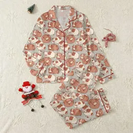 Cozy Style Enthusiasts' Whimsical Sleepy Cow All-Over Pattern in Earthy Reddish-Brown, Off-White, Light Grey-Taupe Satin Pajamas Set