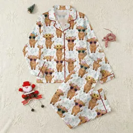 Highland Cow Fans' Whimsical Calf Art, Floral Wreaths, Pink Gingham & Teal Sunglasses Motif Satin Pajamas Set