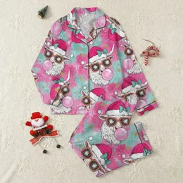 Festive Animal Lovers' Whimsical Shaggy White Highland Cow Pattern, Fuchsia Santa Hat, Teal Watercolor, Glitter Stars Satin Pajamas Set
