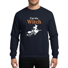 Couples' Halloween White Orange 'I'm His Witch' Broomstick Witch Cat Silhouette Sparkling Star Trail Sweatshirt