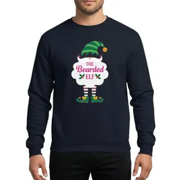 Holiday Party Goers' Playful Green Striped Elf Hat, Red Crown, White Bearded Elf Text, Red Striped Stockings Sweatshirt