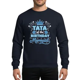 Mermaid Celebration Adult Playful Blue & White 'TATA of the BIRTHDAY Mermaid' Typography with Crown, Seashells, Starbursts & Bubbles Sweatshirt