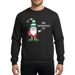 Holiday Humor Enthusiasts' Whimsical Gnome Design with Red Tunic, Green Striped Hat, Pointing Finger & 'THE Opinionated ELF' Sweatshirt