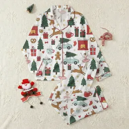 Women's Whimsical Forest Green Red Christmas Trees Reindeer Gingerbread Ballet Storybook Pattern Satin Pajamas Set