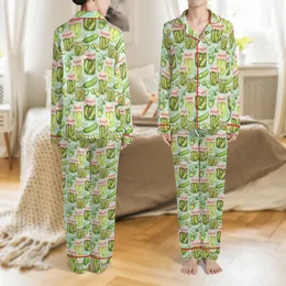 Girlie Pickle Fans' Coquette Pink Bow Watercolor Pickle Jar & Dill Botanical Pattern on Pale Mint Satin Pajamas Set