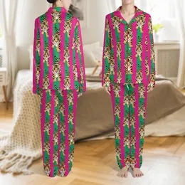 Women's Bold Fuchsia Emerald Green Striped Whimsical Tiger Pattern Satin Pajamas Set