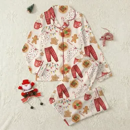 Cozy Christmas Enthusiasts' Whimsical Watercolor Spaghetti Pajama Gingerbread & Lights Pattern Satin Pajamas Set