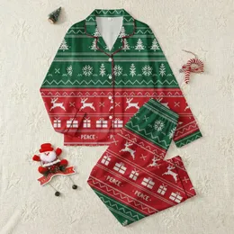 Couples' Pixelated Knit Fair Isle Forest Green Red Christmas Tree Reindeer Peace Pattern Satin Pajamas Set