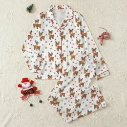 Holiday Families' Cute Cartoon Reindeer Pattern with Red Noses, Olive Green & Red Stars Satin Pajamas Set