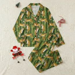 Women's Playful Yellow Gold Tiger Folk Art Deep Green Vertical Stripe Satin Pajamas Set