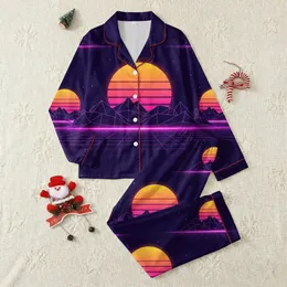 Retro Aesthetic Enthusiasts' Synthwave Golden-Fuchsia Sun, Violet Faceted Mountains, Neon Purple Grid, Indigo Perspective Satin Pajamas Set