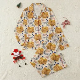 Breakfast Lovers' Vintage Illustrative Pancake Blueberry Golden Syrup Oatmeal Beige Abstract Typography Satin Pajamas Set