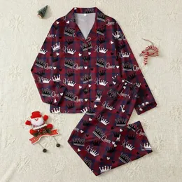 Matching Couples' Minimalist King Queen Crowns Red Navy Tartan Plaid Pattern Satin Pajamas Set