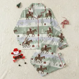 Western Christmas Families' Rustic Cowboy Santa, Longhorn, Saguaro Cactus Repeating Pattern in Muted Sage & Burgundy Satin Pajamas Set