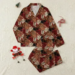 Families' Vintage Western Cowboy Santa Horse Distressed Leopard Plaid Earthy Red Brown Pattern Satin Pajamas Set