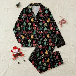 Family Retro Vintage 2024 Christmas Pattern Deep Black Santa Sleigh Trees Ornaments Cranberry Red Forest Green Teal Satin Pajamas Set