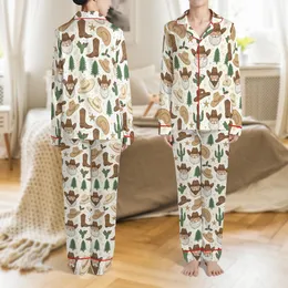 Western Christmas Lovers' Rustic Cowboy Santa, Green Cactus, Holly & Gold Snowflake Pattern on Cream Satin Pajamas Set