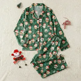 Festive Family Realistic Face Santa Hat Pattern Forest Green Pine Holly Red Ho Ho Ho Navy Blue Evergreen Satin Pajamas Set