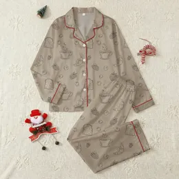 Family Home Lovers' Greige Morning Brunch Motif with Black Coffee Croissant Toast Berry Outlines Satin Pajamas Set