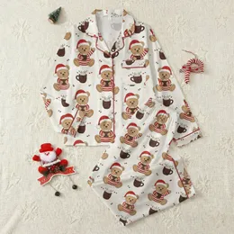 Cozy Holiday Fans' Whimsical Tan Red Green Striped Bear Hot Cocoa Sprinkle Pattern Satin Pajamas Set