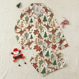 Families' Whimsical Western Christmas T-Rex Cowboy Pattern with Santa Hats, Cacti, Poinsettias, and Holly on Cream Satin Pajamas Set