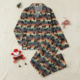 Corgi Mom's Playful Black Corgi Silhouettes Retro Sunset Muted Orange Teal Stripe Distressed Pattern Satin Pajamas Set