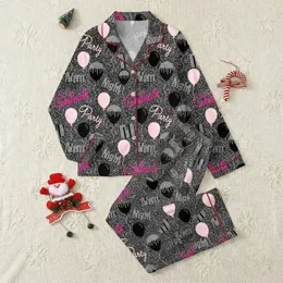 Women's Black Silver Hot Pink Party Balloons Glitter Drip Glam Sparkle Script Celebration Pattern Satin Pajamas Set