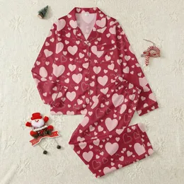 Girls' Vibrant Red Playful Pastel Pink Heart Scattered Pattern with White Script Lines Satin Pajamas Set