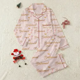 Bridesmaids' Light Blush Pink Metallic Gold Calligraphy 'Bridesmaid' 'Maid of Honor' Golden Crown Rose T Monogram Pattern Satin Pajamas Set