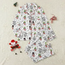 Cousin Crew Whimsical Cartoon Snowmen Festive Red Green Black White Chillin' Phrase Pattern Satin Pajamas Set