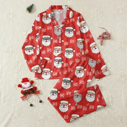 Christmas Enthusiasts Whimsical Santa Heads Winking Zzz Ho Ho Ho Red White Black Pattern Satin Pajamas Set