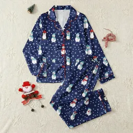 Families' Deep Navy Whimsical Cartoon Winter Penguins Snowmen Red Blue Hat Scarf All-Over Pattern Satin Pajamas Set