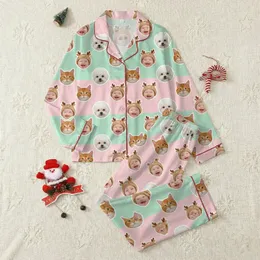 Personalized Gift Seekers' Pastel Mint Pink Sticker Pattern with Smiling Baby Faces, Bichon Frise Dogs, & Ginger Cats Satin Pajamas Set