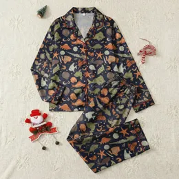 Men's Navy Blue Illustrative Fish Seashells Starfish Earthy Tone Ocean Pattern Satin Pajamas Set