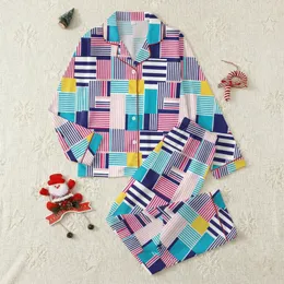 Dog Lovers' Playful Abstract Geometric Pattern with Navy, Fuchsia, Cyan, Yellow & White Stripes Satin Pajamas Set
