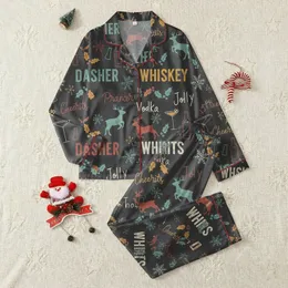 Adult Holiday Rustic Hand-Drawn Reindeer, Cocktail Glass, & Spirit Name Pattern in Muted Teal, Cranberry, Golden Yellow Satin Pajamas Set